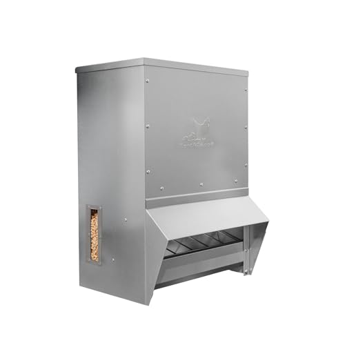RentACoop 50lb Gravity-Fed Metal Trough Feeder with Lid & Rain Cover - size: 50LB Capacity