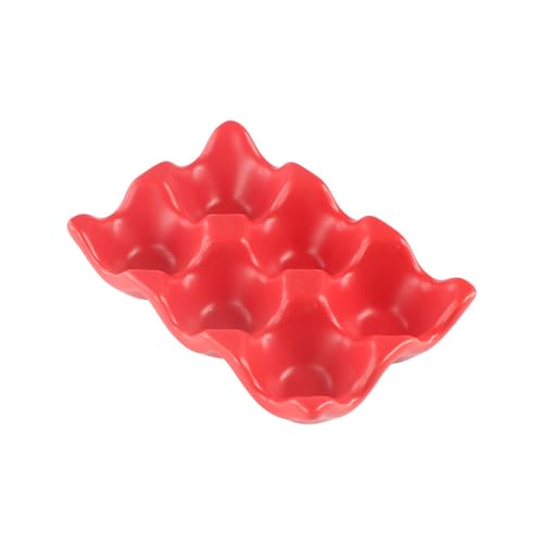 Pokinge Ceramic Egg Holder, 6 Cups Porcelain Egg Storage Rack Half Dozen Egg Tray Kitchen Fridge Storage Supplies Home Tabletop Decoration(red)