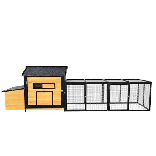 YOPTO Wooden Chicken Coop, 114 in, Outdoor Run, Black/Gold | Solid wood, Weatherproof roof, Outdoor run, Nesting box, Pull-out tray, 6 access doors, Ramp - size: 114.0"L x 25.4"W x 33.9"H