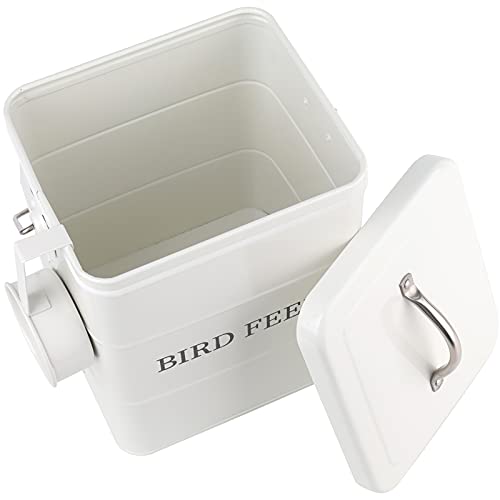 Pet Food Storage Tin with Lid, Metal Bird Seed and Feed Container with Serving Scoop, Treats Storage Canister Bin Can for Dogs, Cats Food, Coated Carbon Steel, Tight Fitting Lid, White, 5-6 Lbs