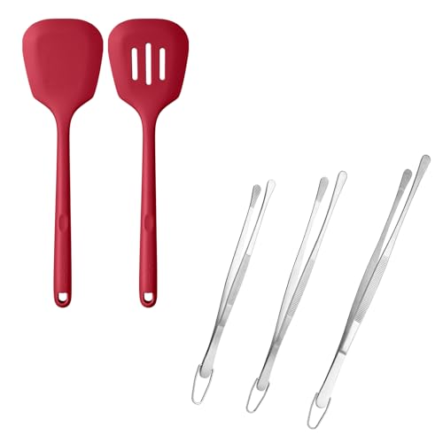 600ºF Heat Resistant Silicone Turners: U-Taste 13.6in Long Solid & Slotted Kitchen Spatula Flipper (Red, 2PCS) and 8"+10"+12" Kitchen Cooking Tweezer: 18/8 Stainless Steel, Round Tip