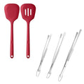 600ºF Heat Resistant Silicone Turners: U-Taste 13.6in Long Solid & Slotted Kitchen Spatula Flipper (Red, 2PCS) and 8"+10"+12" Kitchen Cooking Tweezer: 18/8 Stainless Steel, Round Tip