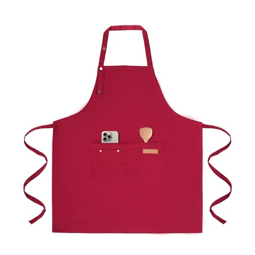 Tosewever Art Aprons for Women Painting Pottery Baking, Mens Buckle Straps Kitchen Apron with Pockets for Chef Cooking - color: Red