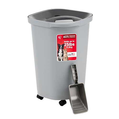 IRIS USA Dog Food Storage Container, Up to 25 lbs, Gray/Dark Gray | Made in USA, Comes with Wheels & 2-Cup Scoop, Airtight Seal, BPA-Free, Bird Seed, Cat food, Cat Litter, Treats, Pellets - color: Gray/Dark Gray, size: 25 lbs