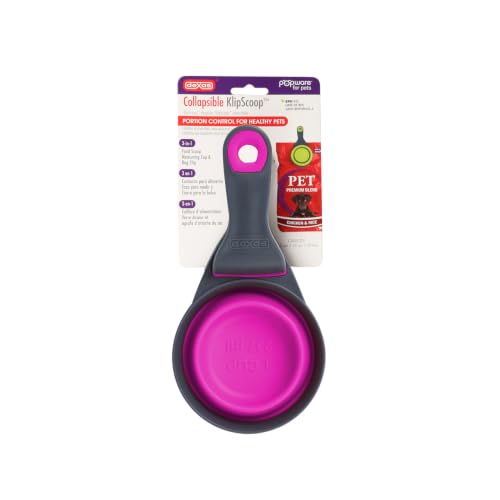 Dexas Popware for Pets Collapsible Klip Scoop, 3-in-1 Pet Food Scoop, Measuring Cup and Bag Clip, 1 Cup Capacity, Fuchsia - color: Fuchsia, size: 1 Cup Capacity