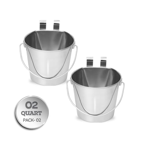 2 Quart Stainless Steel Flat Sided Bucket with Dual Hooks | 2 Pcs Durable Food & Water Bowl for Dog Cats Bird & Small Animals | Fits kennel Cage Crates Hanging Pet Pail | Multipurpose use - size: 2 Quart (Pack of 2)