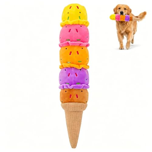 Squeaky Dog Plush Chew Toy, Interactive Tug Squeaky Toy for Chewers, Medium & Large Dogs & Fetch Play, 17.7 in Stuffed Rainbow Ice Cream Toy with Soft Short Plush for Gentle Gum Care & Boredom Relief - color: Colorful (Ice Cream)