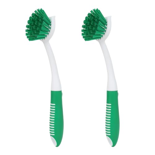 Dish Brush with Handle, 2 Pack Scrub Brushes, Green | Built-in Scraper, For Cleaning Kitchen, Pots, Pans and Sink, Scrubber Washing Tools - color: Green