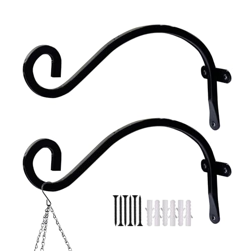 Hourleey 2 Pack Plant Hanger Outdoor, 8 Inch Heavy-Duty Hanging Plant Hook for Outside Basket, Black Metal Wall Mount Plant Bracket Hook for Flower Baskets Bird Feeder - size: 8 Inch-2 Pack