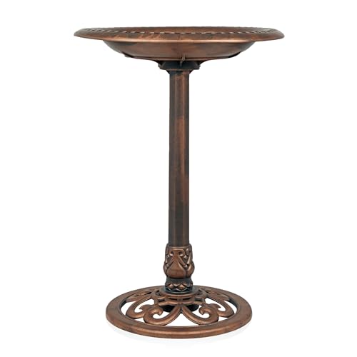 Alpine Corporation | 28" Bronze Outdoor Pedestal Birdbath with Scrollwork Base and Ground Stakes — Elegant Garden Décor, Durable Weather-Resistant Design for Lawn, Patio, or Yard - color: Bronze