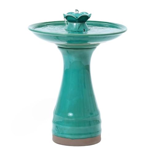LuxenHome 22" Ceramic Bird Bath Fountain, Outdoor Water Fountain Birdbath | Glazed Jade Green Freestanding Waterfall Birdbath, Build-in LED Light and Pump, Garden Fountain for Backyard, Patio