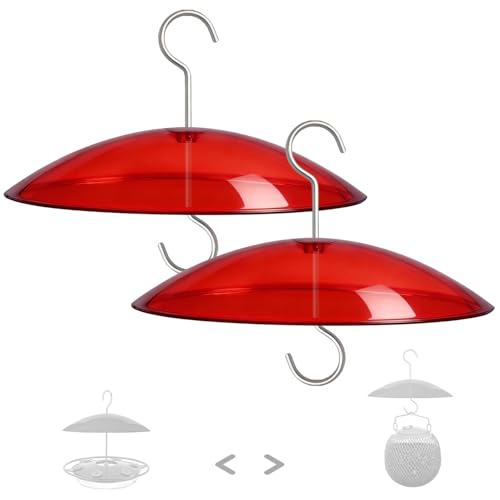 8" Mini Plastic Rain Cover for Bird Feeder, 2-Pack Red Weather Guard Dome | Stainless Hooks Baffle, Small Protective Shield for Hanging Outdoors, Bird House Protector against Snow/Sun/Poop, Dia. 20cm - color: Red, size: 2PC/Pack