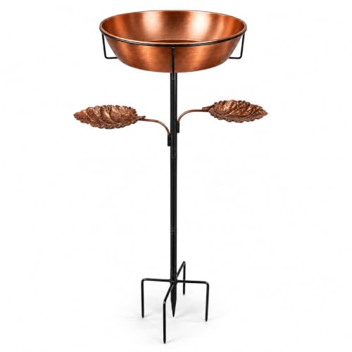 Metal Bird Bath and Feeder for Outdoors, 36.8 Inch, Removable 12 Inch Bowl | 12 inch removable bowl, dual leaf feeder trays, 36.8 and 28.5 inch height options, five-point ground support base