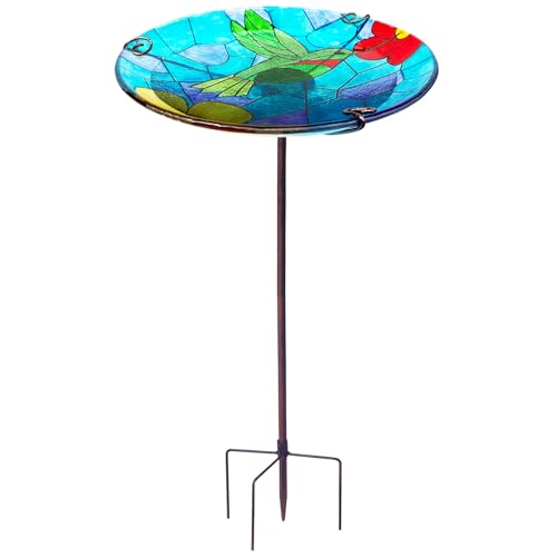 Glass Bird Bath for Outdoor, Birdbath Garden Décorations-Hummingbird Blue | Bird Bath, Birdbaths for Outside Bird Feeders with Metal Stake, Hummingbird Standing Small Bird Baths Bowl - color: Standing Hummingbird Blue