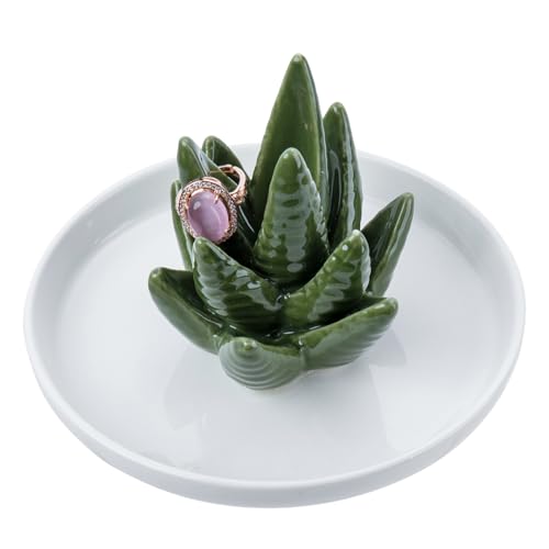 MyGift Decorative White Ceramic Ring Tray for Jewelry, Ring Cone and Trinket Tray with Raised Heart Design (Ceramic Aloe) - color: Ceramic Aloe