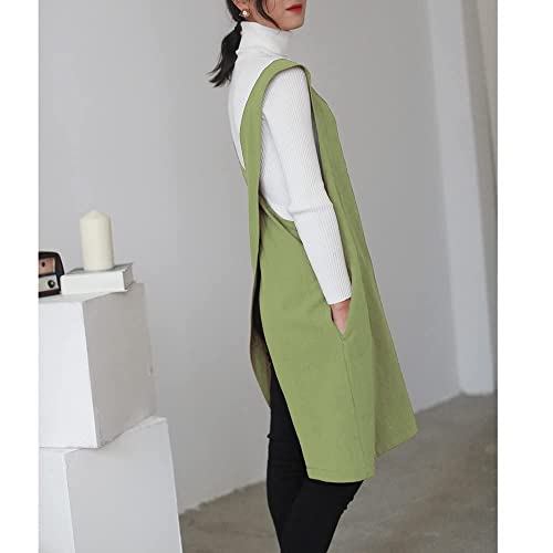Cotton Linen Japanese Apron Halter Cross Back Bandage X Shape Aprons Two Pockets - color: Shallow Grass Green