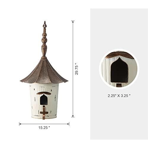 Glitzhome 29.75”H Metal Hanging Birdhouse for Outdoors Oversized Farmhouse Pagoda Painted Bird House with Bronze Roof for Bluebird Wren Chickadee Sparrow Bird Nest Box for Garden Patio, Washed White - color: Washed White
