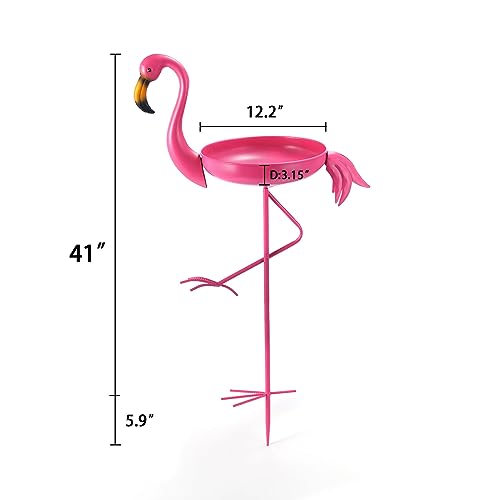 41 in Tall Flamingo Outdoor Bird Bath, Metal Bird Bath Bowl, Bird Feeder or Drinker Plate with Metal Stake, Home Garden Lawn Yard Decorations (Pink) - color: light pink