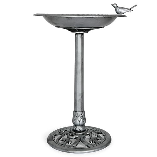 Outdoor Garden Bird Bath - Silver - Weather Resistant Polyresin - 30 Inch - Backyard Expressions
