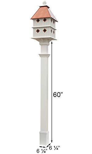 BestNest Manor Bird House & Decorative Mounting Post Kit – White PVC 8-Compartment with Hammered Copper Roof, Predator Guards & Vinyl with Ground Anchor, Elegant Outdoor Birdhouse Set