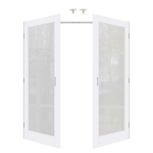 64x80 Interior French Door,1-Lite Frosted Glass Doors,DIY Prehung Room Door | Prefinished & Paintable Double Doors with Ball Catches & Hinges & Handles, Tempered Frosted Glass, Interior Swing Closet Door - color: Full Frosted Glass, size: 64" x 80"