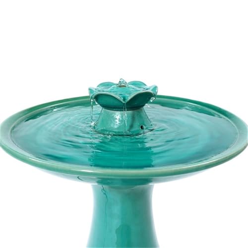 LuxenHome 22" Ceramic Bird Bath Fountain, Outdoor Water Fountain Birdbath | Glazed Jade Green Freestanding Waterfall Birdbath, Build-in LED Light and Pump, Garden Fountain for Backyard, Patio