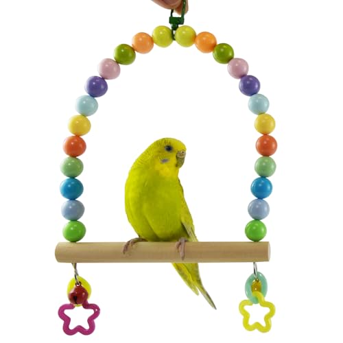 Large Bird Swing for Cage Parrot Wooden Perch Stands Cockatiel Hanging Toy | Colorful Acrylic Beads Bell, Parakeet Climbing Chewing Toys, Playground Birdcage Accessories for Quaker Conures Lovebirds - color: Multi-color