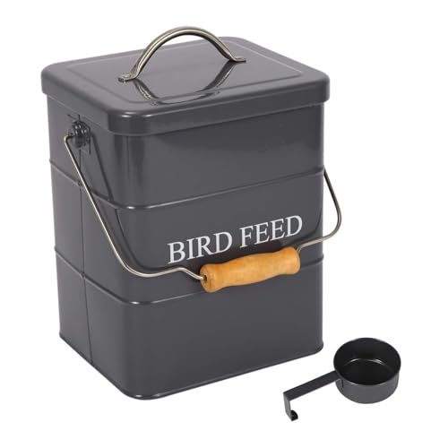 Bird Seed Storage Container Airtight,5~6LB Metal Bird Food Container with Scoop,Wild Birds Feed Tin for Storing Sunflower Seed-Ideal for Outdoor or Indoor-Squirrel proof-Gray - color: Gray