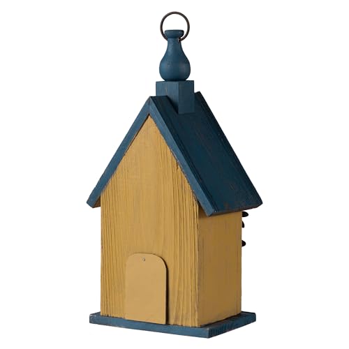 Glitzhome Birdhouses for Outdoors, Hanging Bird Houses for Outside, 12.25" H Washed Yellow Distressed Solid Wood Decorative Pet Cottage Outdoor Garden Birdhouse with Ladybug and Flowers - color: 12.25"H Washed Yellow