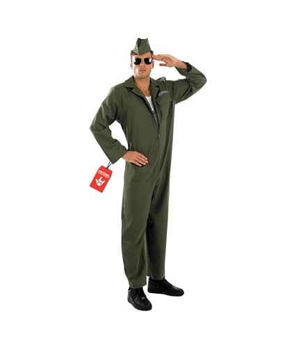 fun shack, Flight Suit Costume Men, Halloween Costumes for Men | Khaki Green Military Style Jumpsuit with Zipper Closure, Matching Hat Included, Perfect for Halloween, Great for Dress-Up