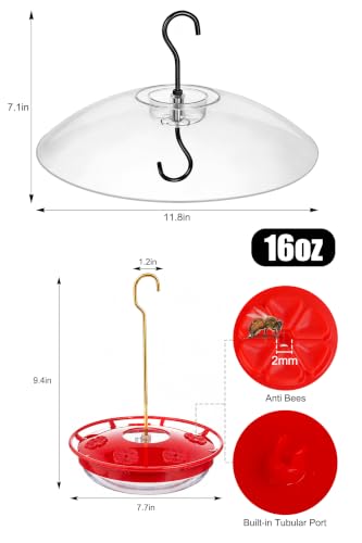 Hummingbird Feeder with Rainproof Dome, 16oz Nectar Feeder 11.8" Rain Guard Weatherproof Ant Moat Easy Fill & Clean Hanging Leak-Proof BPA-Free - size: 1 Pack with Rain Dome