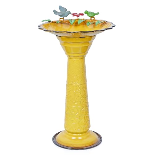 Alpine Corporation ORS112YL Vintage Metal Pedestal Birdbath with Stand, Shallow Bird Bath Bowl for Outside, 28" H, Yellow - color: Yellow