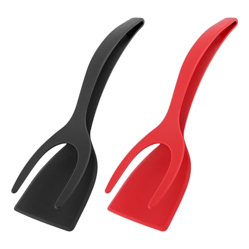 2 in 1 Egg Flipper Spatula, Non-Stick Grip and Flip Spatula Tongs for Pancakes, Omelets, Fish, Eggs, Burgers, Steaks, Heat Resistant Cooking Tool for Kitchen use(COLOR:Black+Red) - color: Black+Red