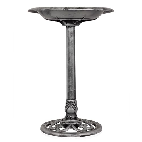 Alpine Corporation TEC116GR Outdoor Pedestal Birdbath w/Scrollwork Base and Stakes, Elegant Birdbath for Garden, 28" H, Gray - color: Gray