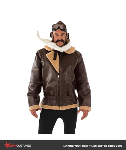 fun shack, Aviator Costume Men, Halloween Costumes for Men | Brown Leather-look Jacket with Beige Fleece Trim, Off-white Scarf Included, Perfect for Halloween, Great for Dress-Up - size: Large