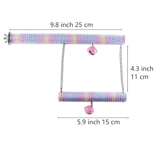 Dual-Layer Bird Swing Perch with Bells Rainbow Cotton Rope Cage Parrot Toy | 10" For Parakeet Conure Cockatiel Mynah Love Birds Finches