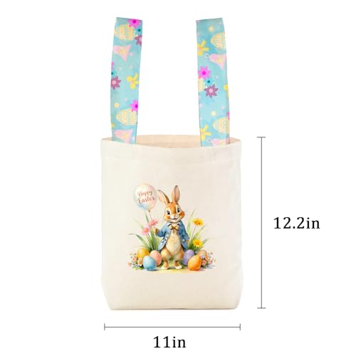 Easter Basket Bunny Canvas Tote Bag, 12.2x11 Inches, Natural Canvas, Hand-Carry, for Gift and Easter Egg Collection - color: C-blue