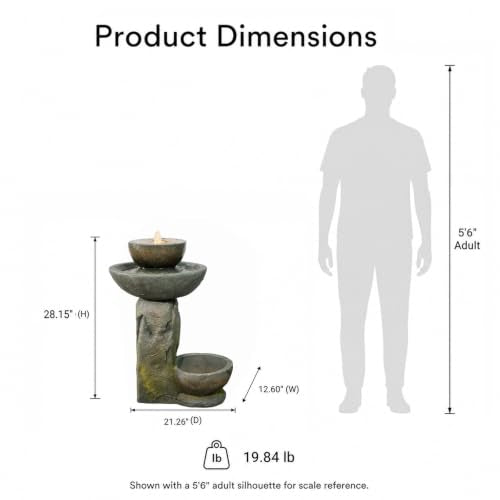 Outdoor Bird Bath Fountain with Planter Spot, Lighted Rustic Faux Stone Pedestal Birdbath, Relaxing Water Feature Decor for Wild Birds, Yard and Backyard Garden - color: Grey-28 in