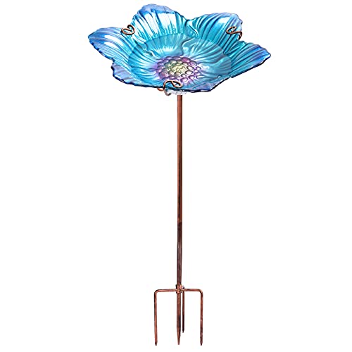 26" Glass Bird Bath, Outdoor Birdbath Bird Feeder Blue Flower Metal Stake | Bird Bath for Outside with Stable Metal Stake, Attracts Birds for Bathing and Adds Elegant Outdoor Garden Decor - color: Blue
