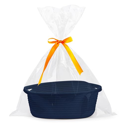 Pro Goleem Small Woven Basket with Gift Bags and Ribbons Durable Baskets for Gifts Empty Small Rope Basket for Storage 12"X 8" X 5" Baby Toy Baskets with Handles, Navy Blue - color: navy blue