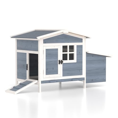 GOJOOASIS Chicken Coop for 2 Chickens Raised House with Ramp & Nesting Box | Outdoor Wooden Hen House for Small Animals, Backyard Chicken Hutch Poultry Cage, Waterproof Roof, Easy-Clean Tray, Grey - color: Grey