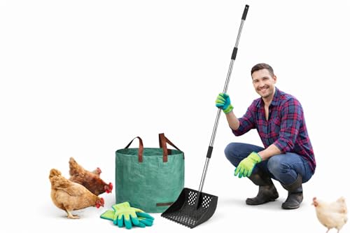 2-in-1 Chicken Poop Scooper for Coop Cleaning – Chicken Coop Scoop & Rake for Sand, Includes Gloves and Waste Bag – Ideal for Chicken Coops & Small Farm Animals (Black) - color: Black