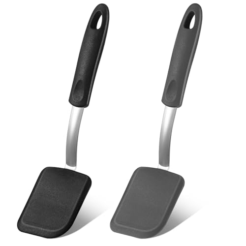 Silicone Cookie Spatula Turner 2 Pack Mini Brownie Spatula Flexible Kitchen Small Silicone Turner for Nonstick Cookware Heat Resistant No Scratch Flipper for Egg(Solid Flat,Black, Grey) - color: Black, Grey