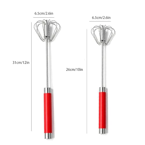 Stainless Steel Semi-Automatic Egg Whisk Set, 2PCS Hand Push Rotary Manual Mixer for Cooking, Whisking, Beating and Stirring (10&12 Inch) - color: Red (10&12in)