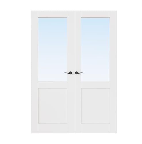 48x80 Interior French Door,Half Clear Glass Doors,Living Room Doors Prehung | Matte Black Hardware-Privacy Door Lever with Lock, Latch&Hinges, Solid Core,Tempered Glass,No PreDrill,Jamb Assembly Required - color: Half Lite, Black Hinges, size: 48x80 for 5