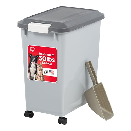 IRIS USA Dog Food Storage Container, Up to 30 lbs, Gray/Dark Gray | Made in the USA, Comes w/ Wheels & 2-Cup Scoop, Airtight Seal, BPA-Free, Kibbles, Bird Seed, Cat food, Cat Litter, Pellets - color: Gray/Dark Gray, size: 30 lbs