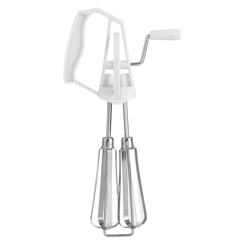 Egg Beater Hand Crank, Stainless Steel Manual Egg Whisk Mixer Handheld Rotary Hand Whip Kitchen Cooking Tool for Whisking Frothing Mixing (White) - color: White
