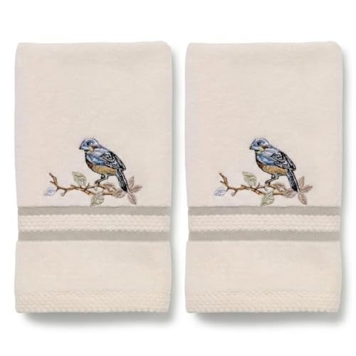 Avanti Linens – Fingertip Towel Set, 100% Cotton Velour Bathroom Towels with Embroidered Bird & Floral Design, Absorbent Terry Reverse, Home Decor, Set of 2 (Love Nest Collection)