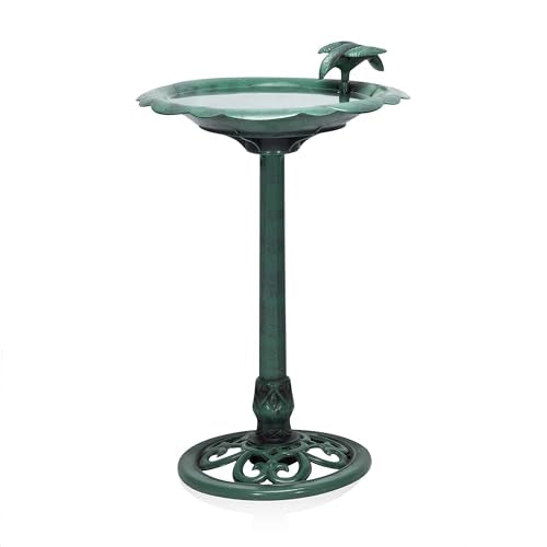 Alpine Corporation 31" Tall Outdoor Antique Flower Birdbath with Bird Decoration Yard Statue, Durable Polypropylene Construction for Patio, Deck, or Yard, Green - color: Green