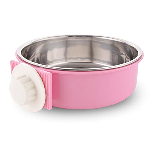 Crate Dog Bowl Removable Stainless Steel Water Food Feeder Bowls Cage Coop Cup for Cat Puppy Bird Pets (Large, Pink) - color: Pink, size: Large